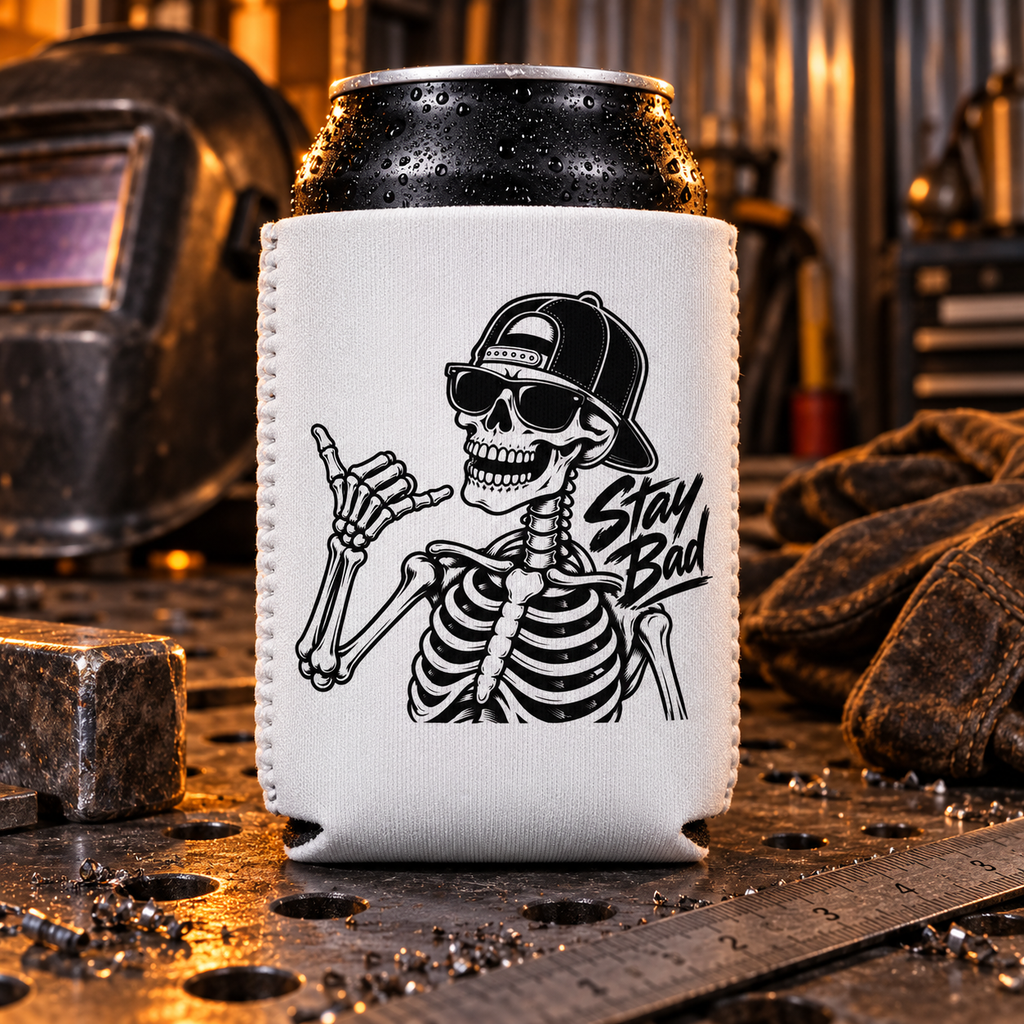 Stay Bad Skeleton Can Cooler Sleeve – Bad Decisions Logo Beer Koozie