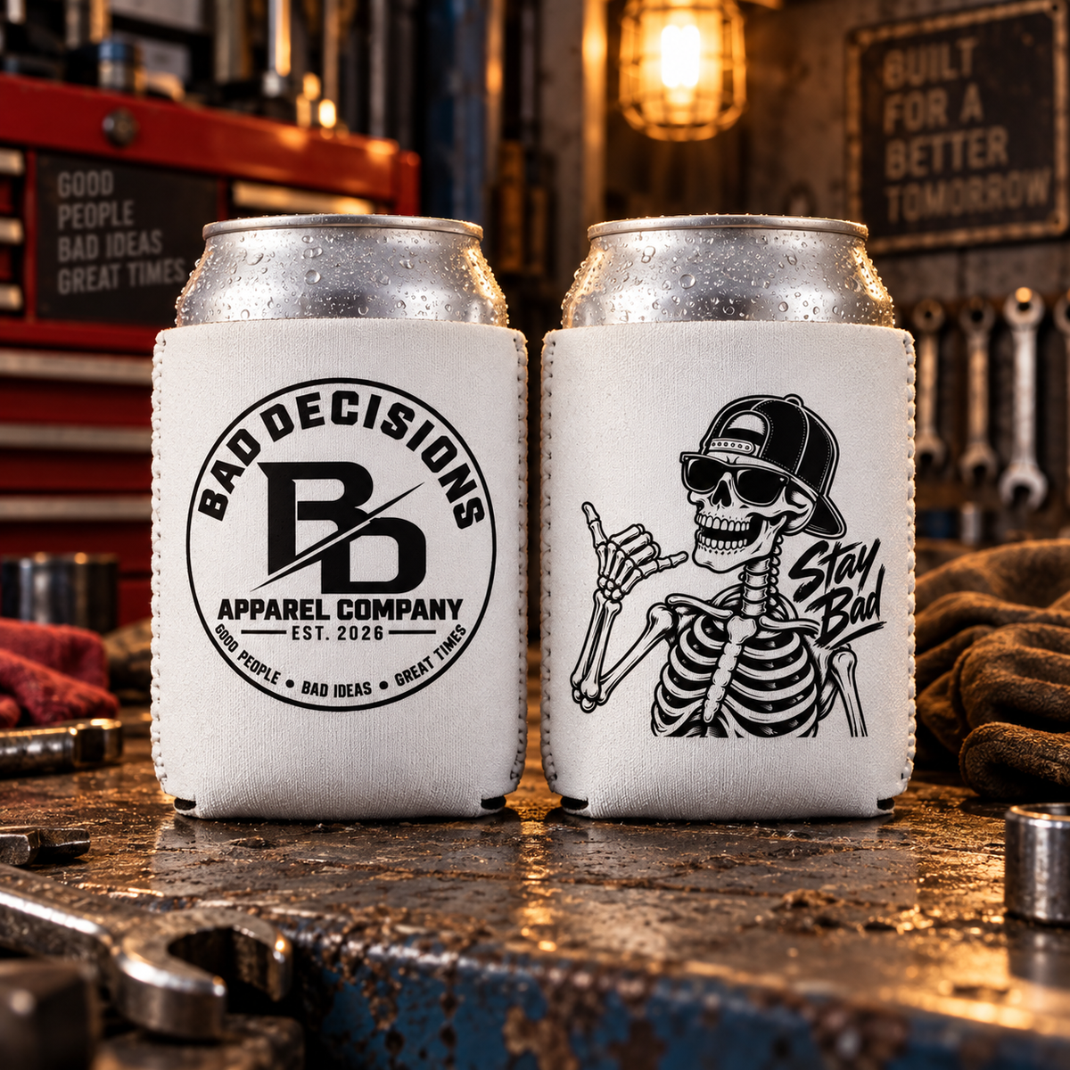 Stay Bad Skeleton Can Cooler Sleeve – Bad Decisions Logo Beer Koozie