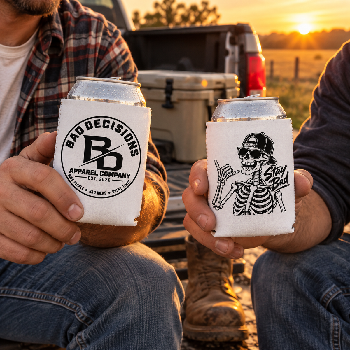 Stay Bad Skeleton Can Cooler Sleeve – Bad Decisions Logo Beer Koozie